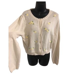 Jessica Simpson cream embroidered yellow flowers scallop collar cardigan size XS